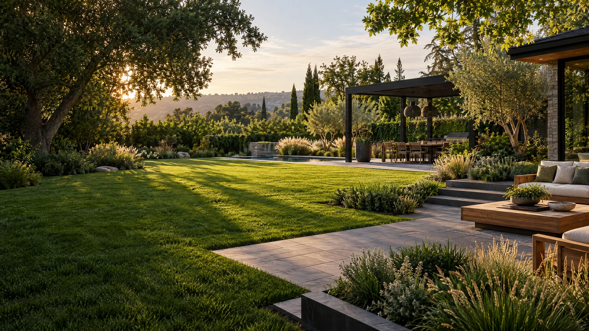 A thoughtfully designed backyard with a generous lawn, patio and garden planting