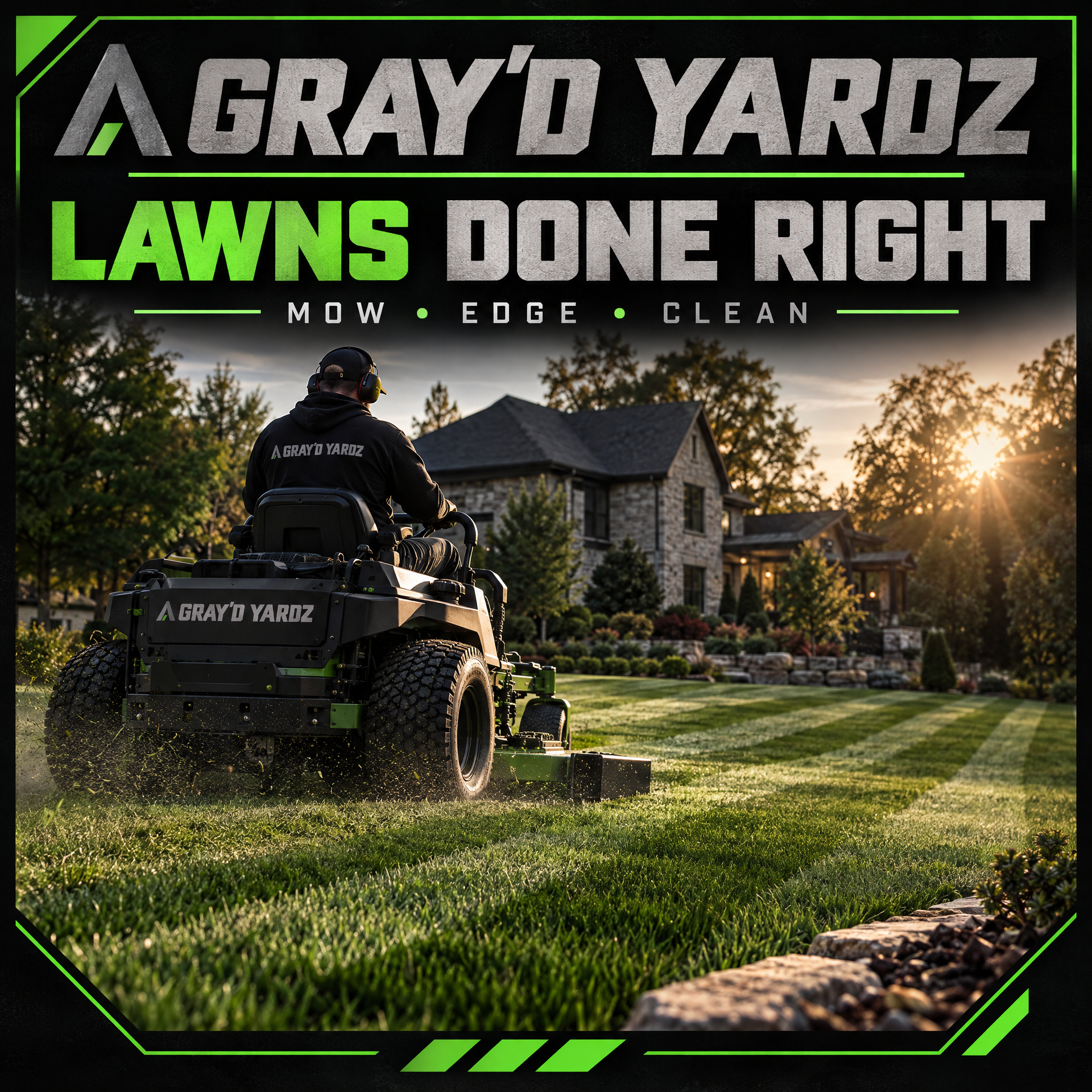 A Gray’d Yardz promotional graphic showing lawn mowing with the words Lawns Done Right and Mow, Edge, Clean